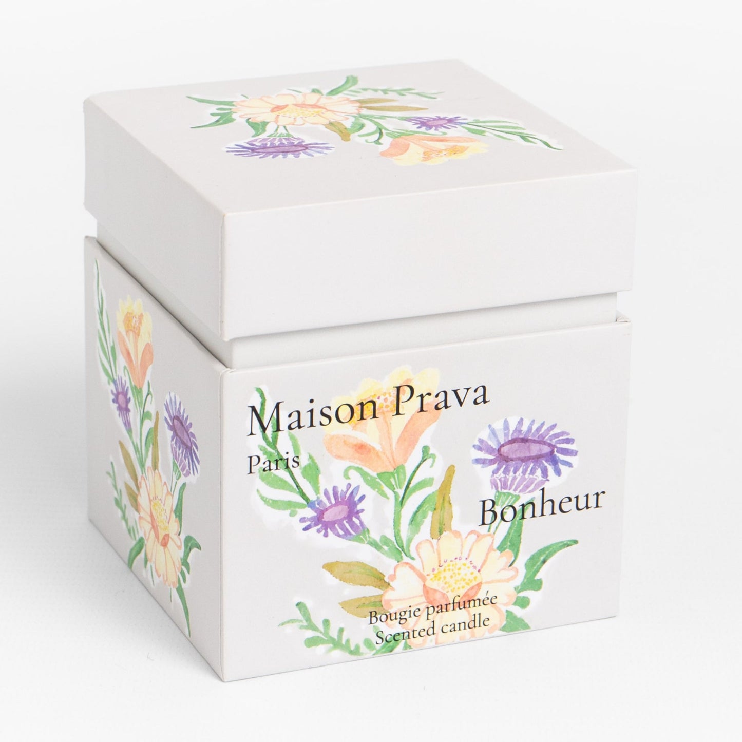 Maison Prava Paris luxury french candle box with floral designs on a white background