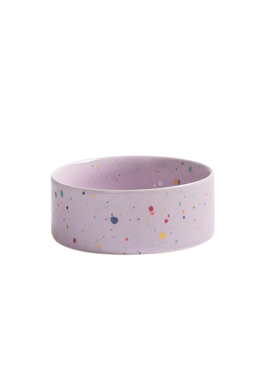 lilac speckled ceramic dog bowl