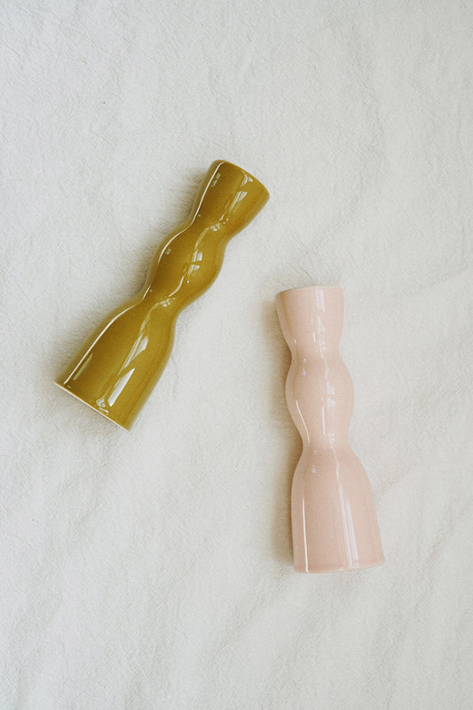 pink & olive green taper candle holders ceramic wavy from wallflower