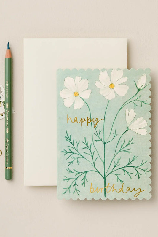 gold foil happy birthday floral birthday card with cosmos flowers - blank inside - shop pretty greeting cards on wallflower