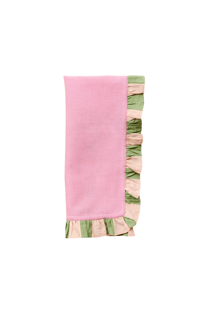 pink cloth napkins with green striped ruffles