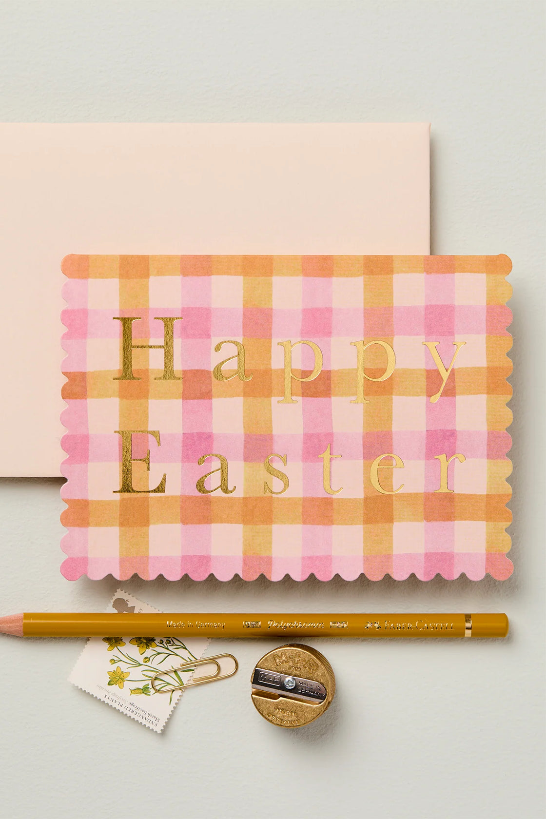 Orange and pink gingham happy Easter Card with scallop edge & gold foil - Buy 4 cards + get 1 free from wallflower shop