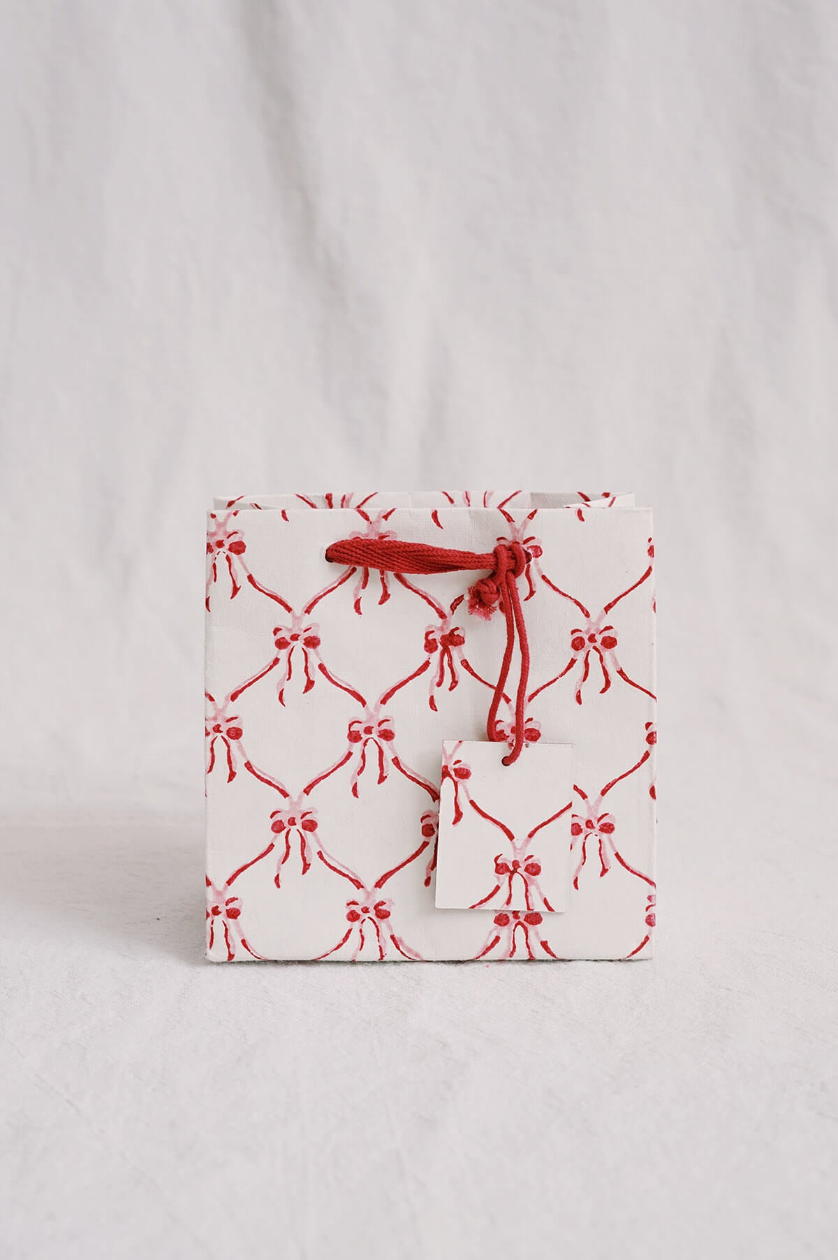 Block Printed Small Christmas Gift Bag with Red Bows