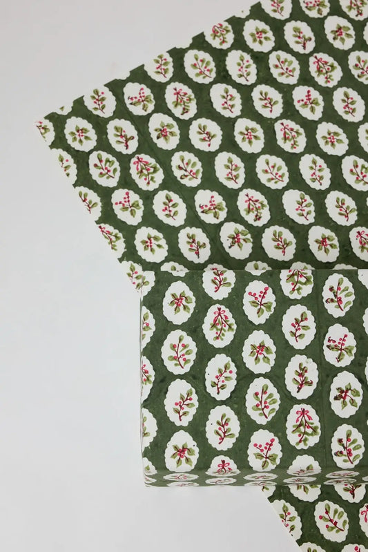 Block Printed Holly Christmas Wrapping Paper Green