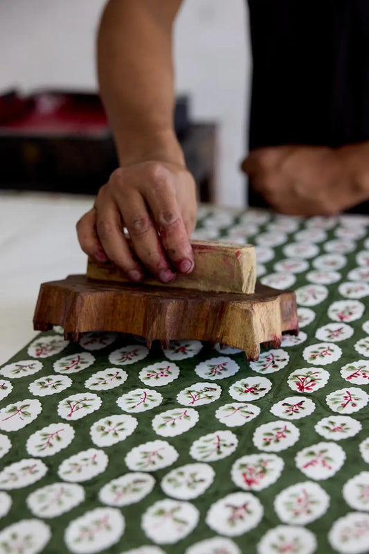 Process of making Block Printed Holly Christmas Wrapping Paper Green