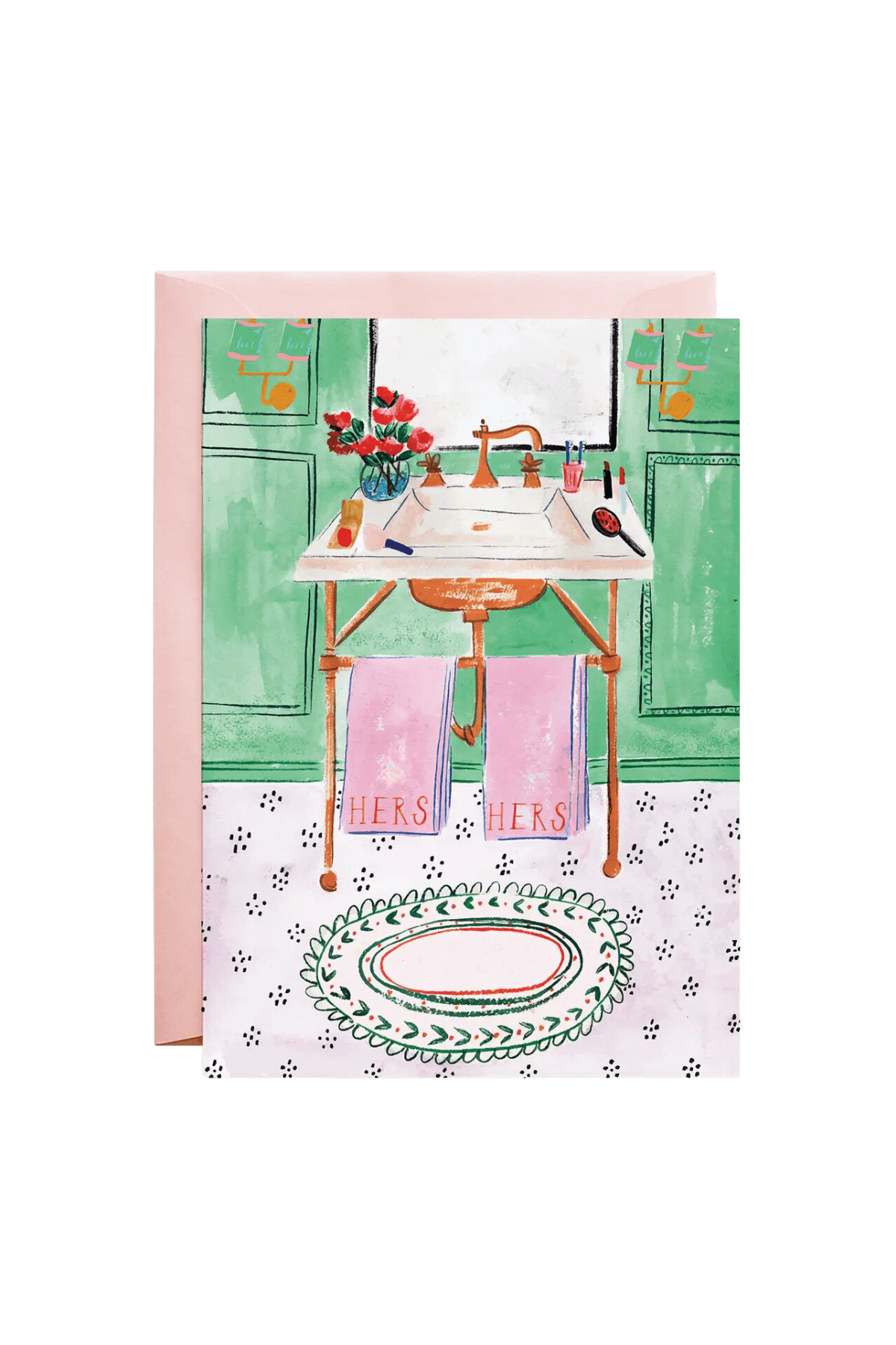 pink lesbian wedding card with hers and hers towels in bathroom vanity illustration