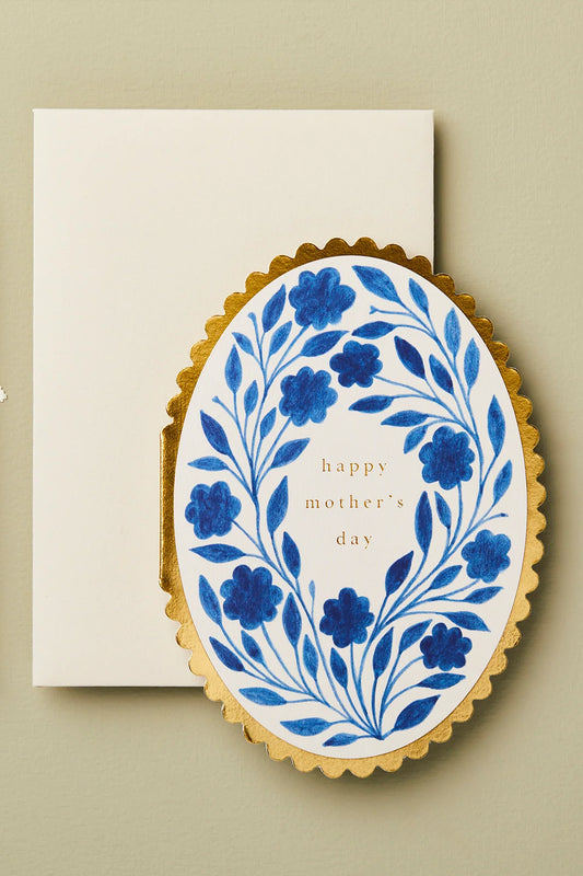 delft blue oval floral gold foil Happy Mother's Day card