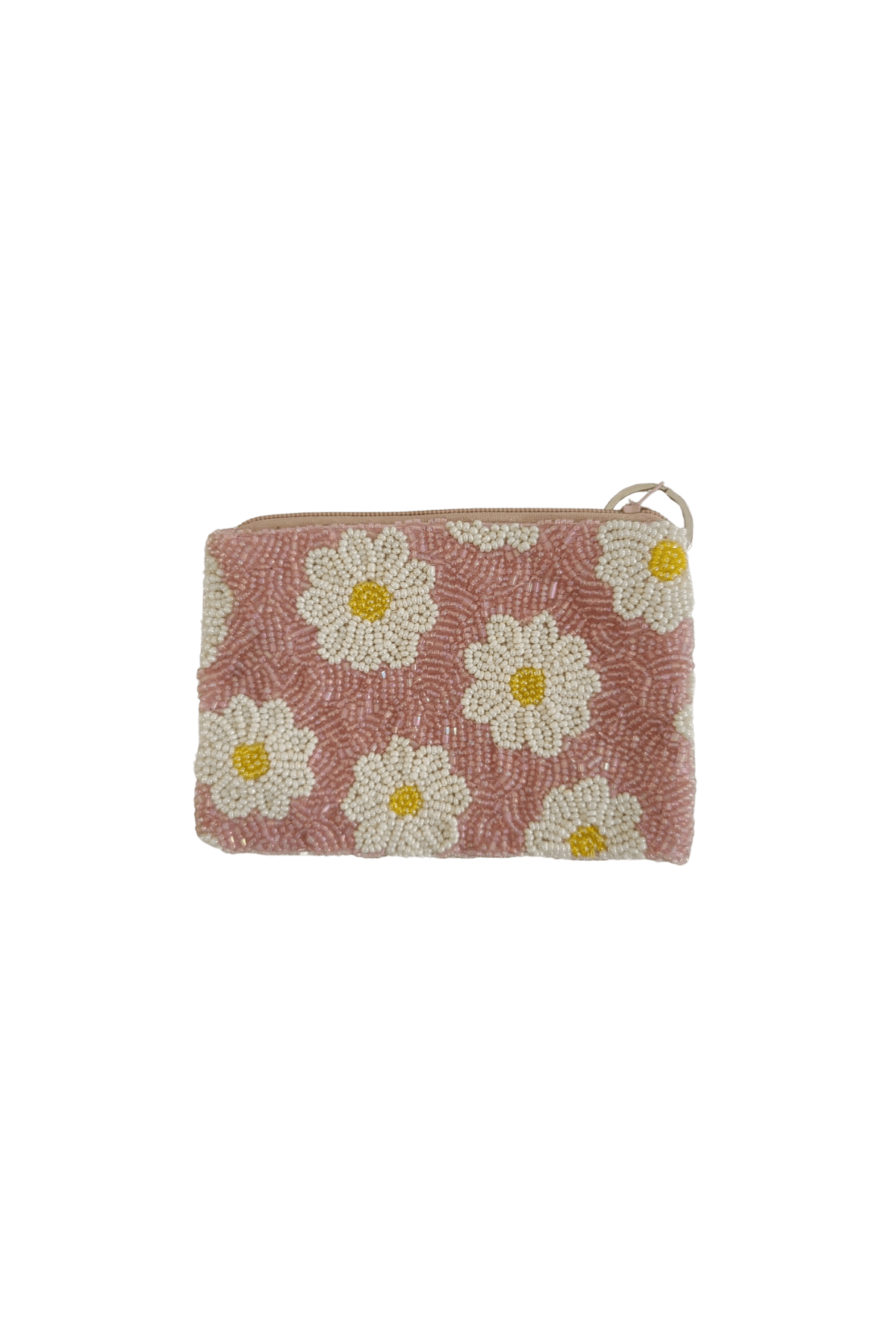 hand beaded pink daisy coin purse with zipper
