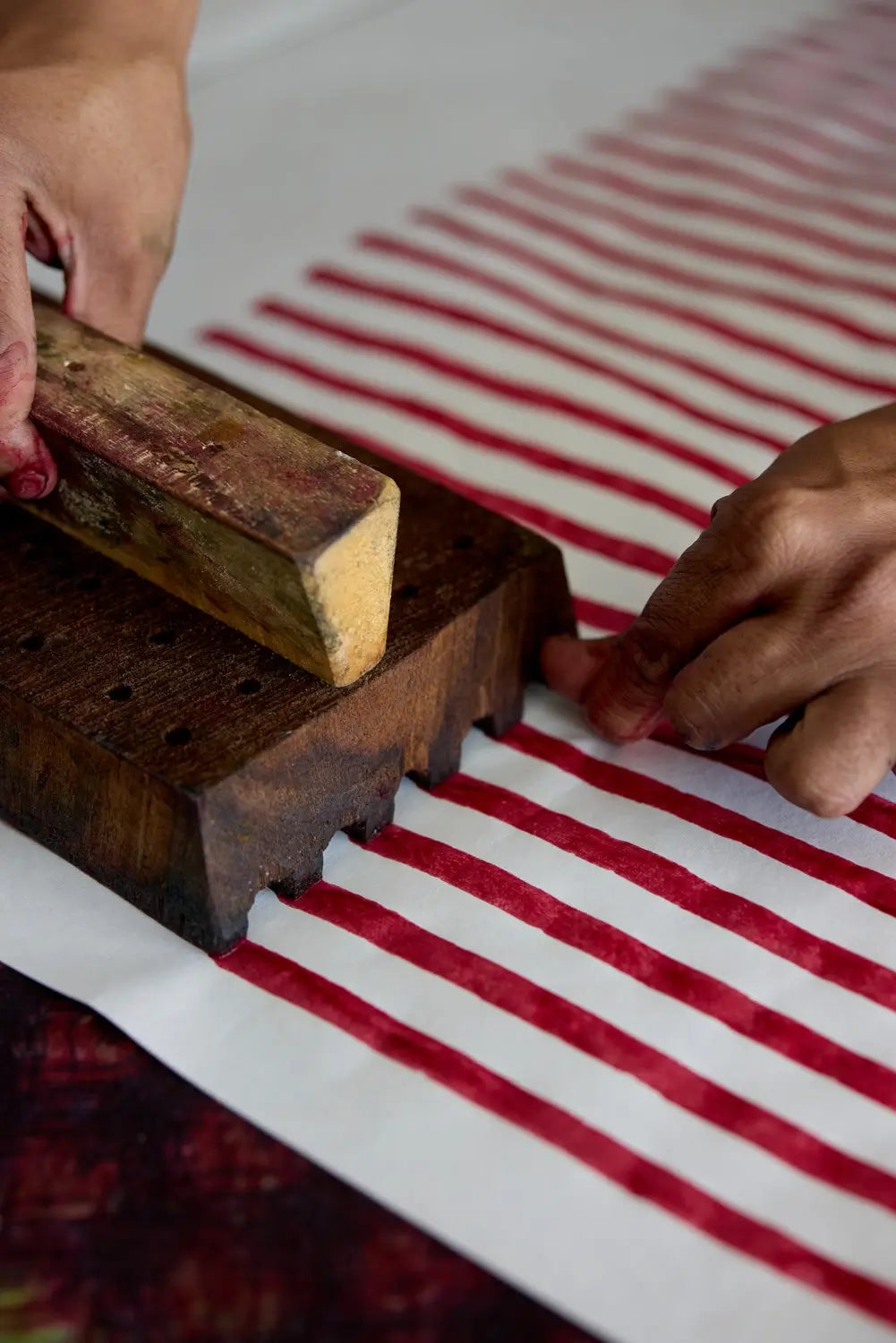 Process of making Pink & Red Gingham Block Printed Holiday Gift Wrap
