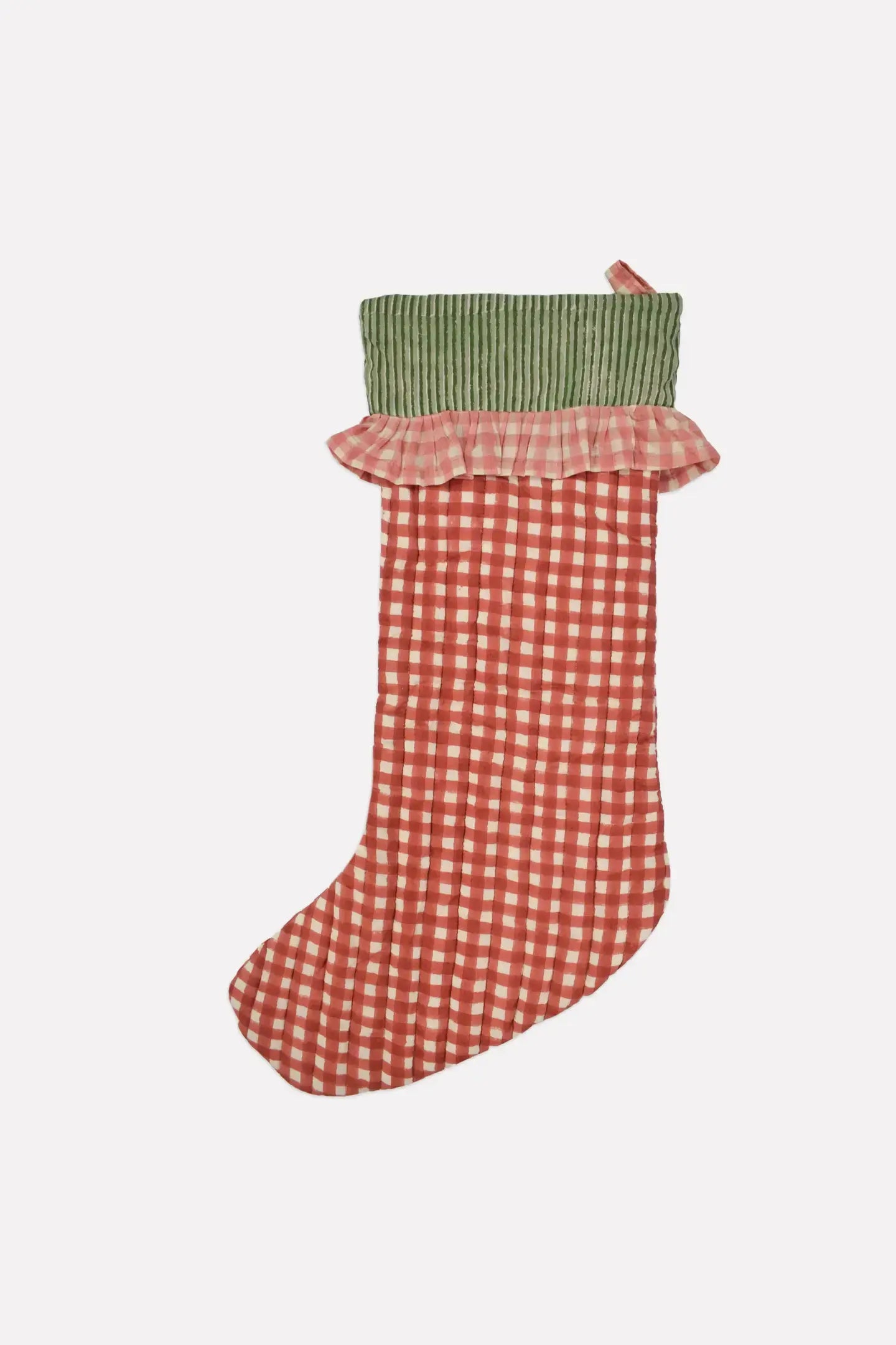 red gingham christmas stocking with pink ruffles and green stripes