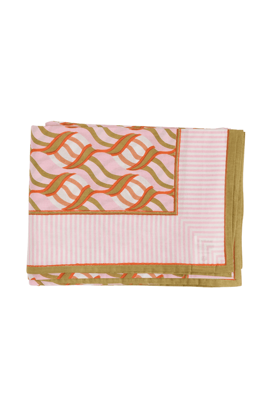 Large block print tablecloth in pink, orange, and green - shop handmade cotton tablecloths on wallflower
