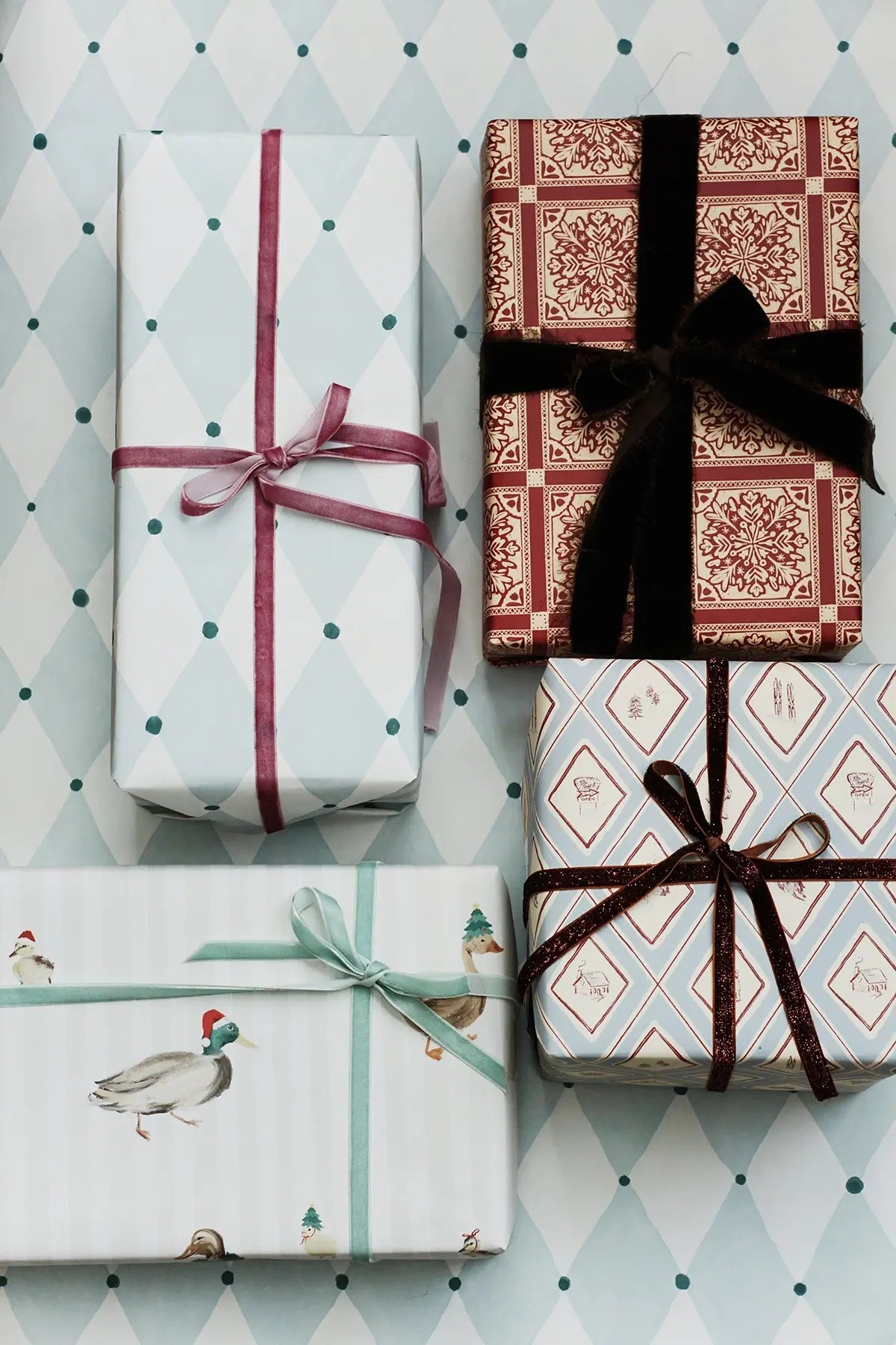 winter christmas wrapping paper on gifts from wallflower shop - snowflake, diamonds, ducks