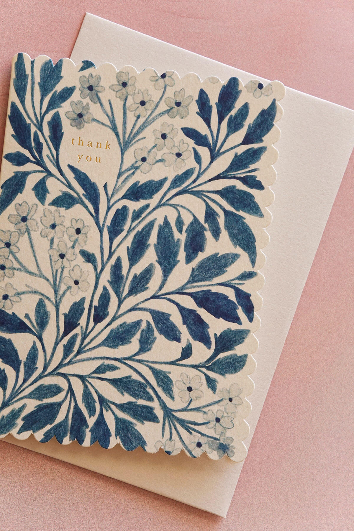 watercolor painted blue floral thank you card with scalloped edge, blank inside, by wanderlust paper co