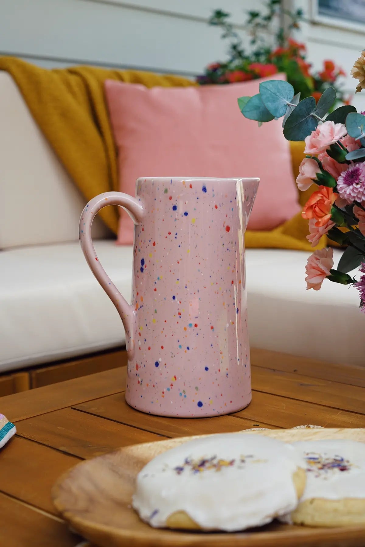 handmade confetti pink ceramic pitcher from wallflower - shop summer entertaining