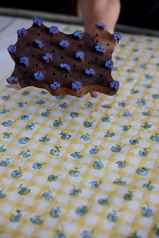 block printing process for Gingham floral blank greeting card - cotton handmade recycled paper - shop pretty cards on wallflower