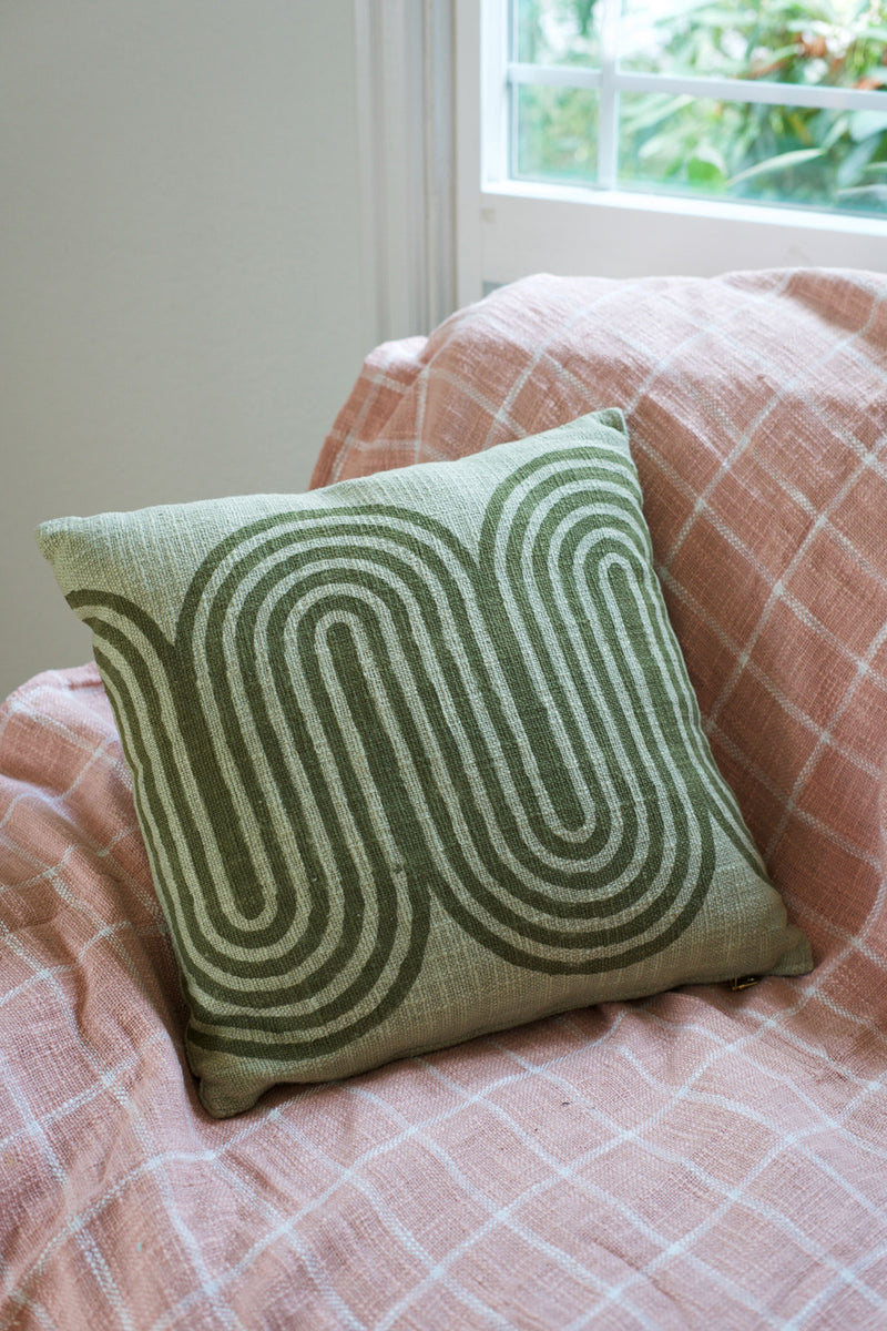 Block Printed Waves Throw Pillow, Winter Sage - 18x18 inch