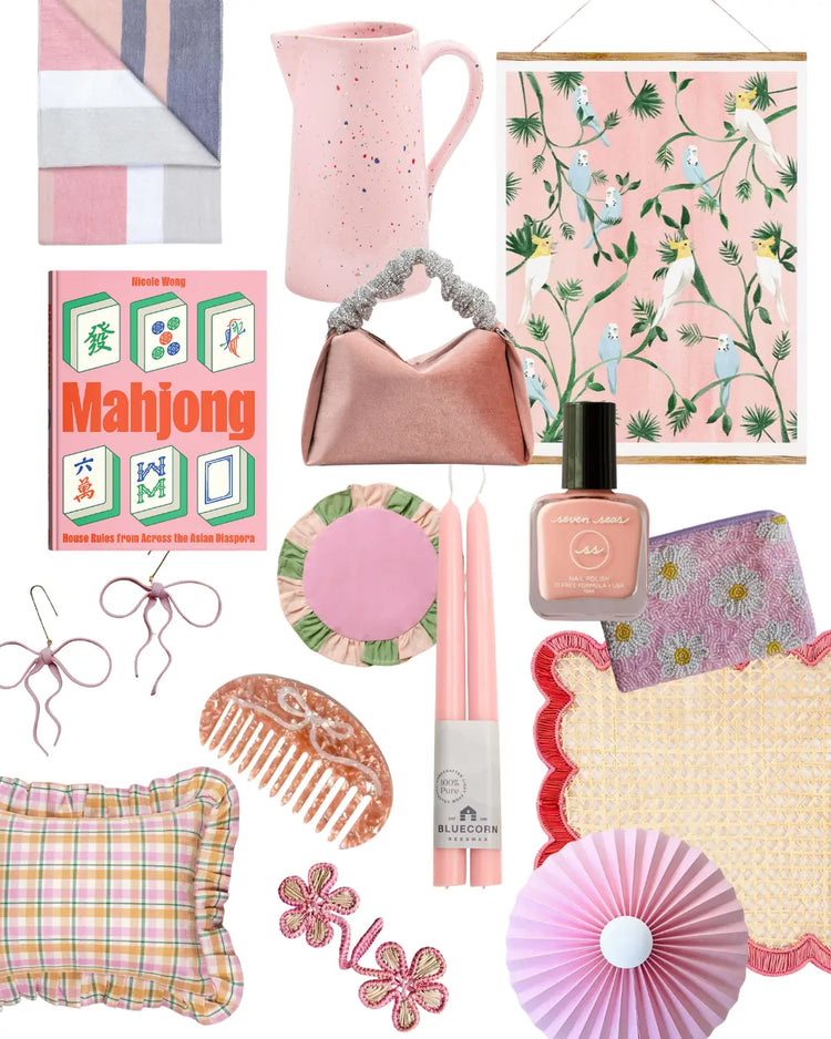 collage featuring pink pastel home decor goods and gifts - shop by color on wallflower