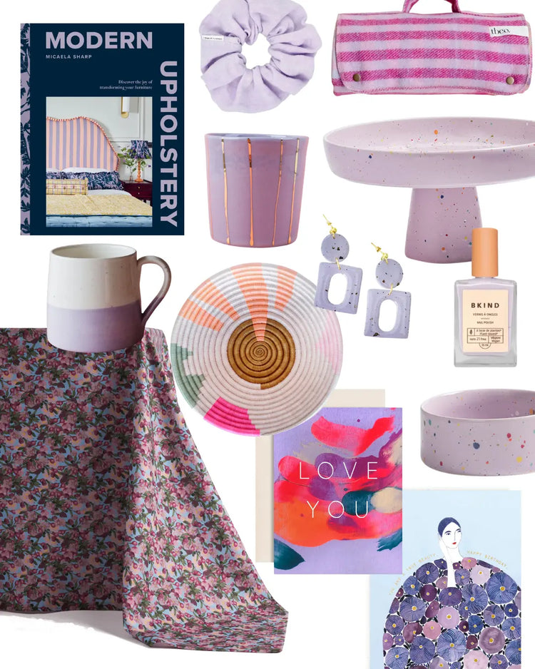 collage featuring lilac home decor goods and gifts - shop by color on wallflower
