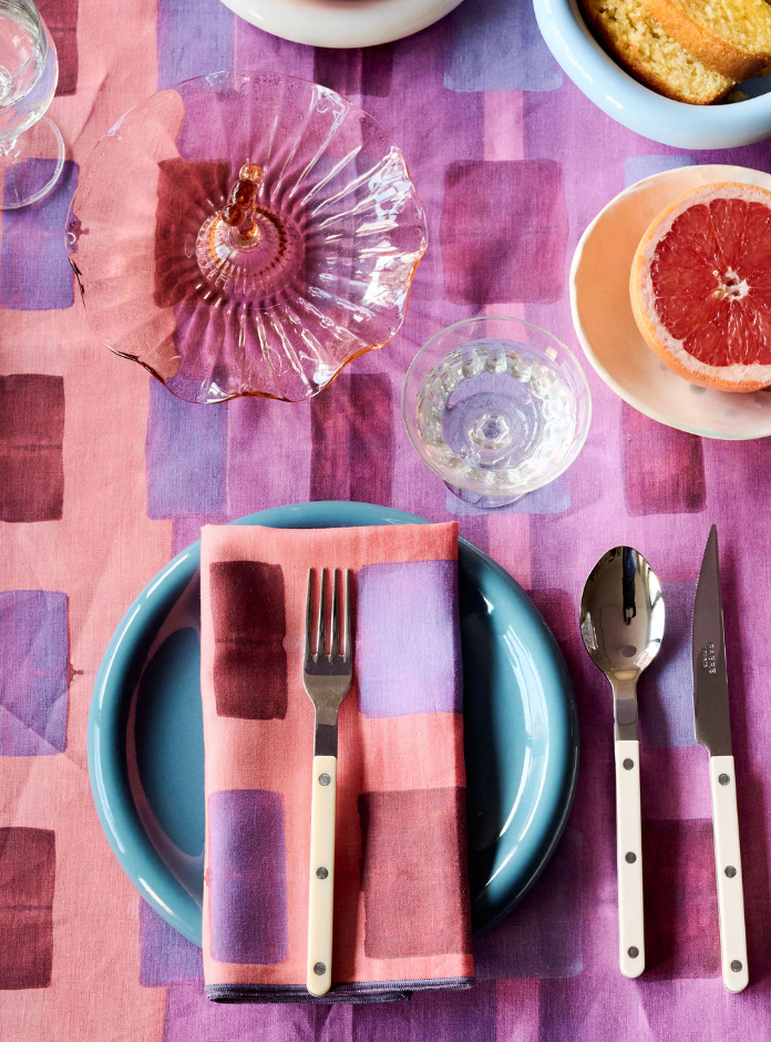 tablecloth table linens and napkins by goldie home - watercolor purple & pink