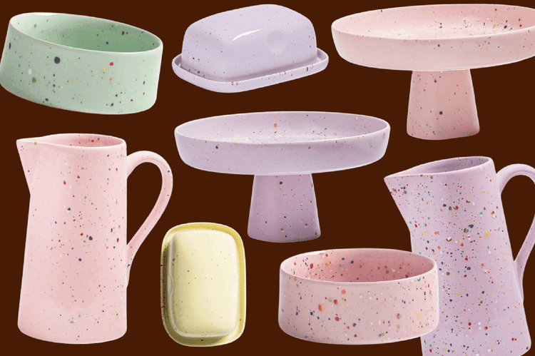 collection of pastel handmade ceramics by egg back home: ceramic butter dish, dog bowl, pitchers, and cake stands