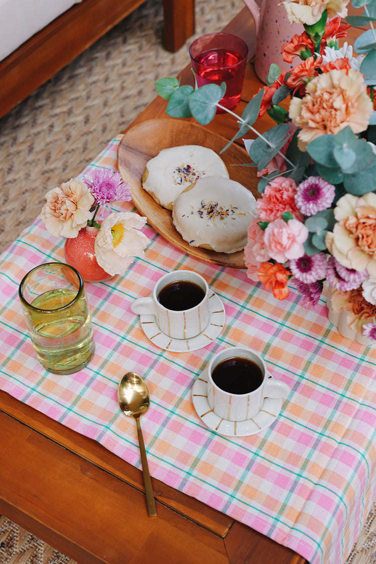 porcelain ceramic espresso cups on pink table outside with flowers ✿ shop handmade gifts for coffee lovers on wallflower