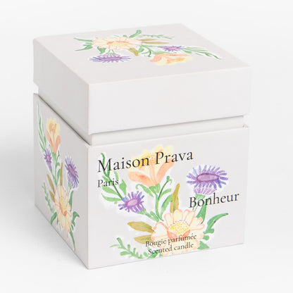 Maison Prava Paris luxury french candle box with floral designs on a white background
