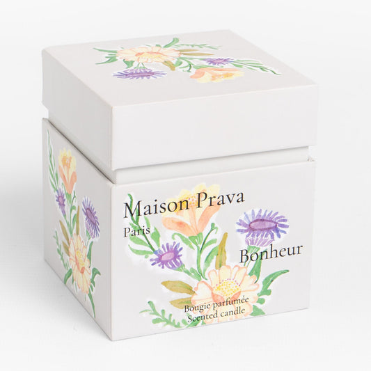 Maison Prava Paris luxury french candle box with floral designs on a white background