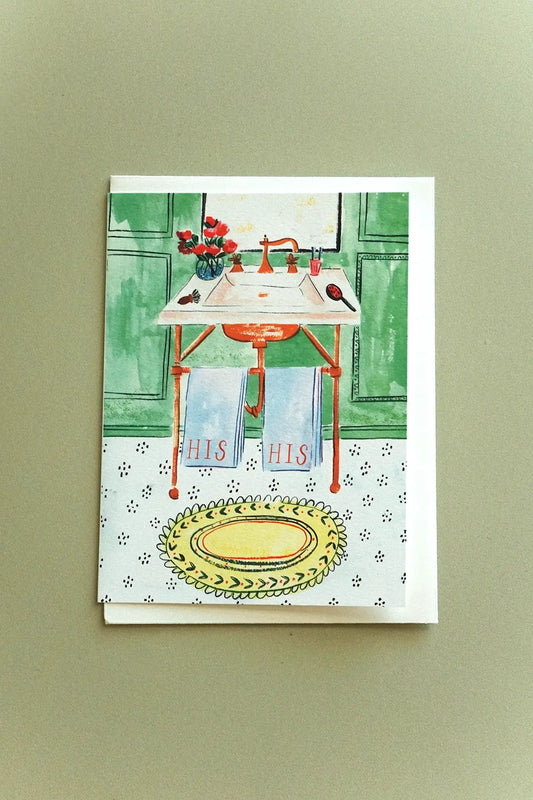 gay wedding card illustration of bathroom with his and his towels
