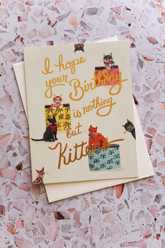 cute cat birthday card with gold foil