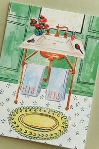 gay wedding card illustration of bathroom with his and his towels
