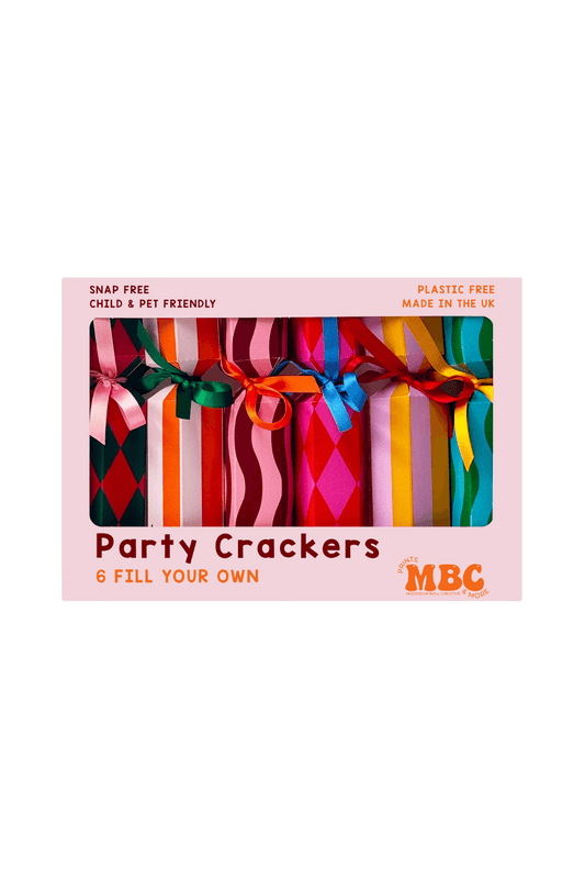 Box of colorful party crackers for Christmas from wallflower shop