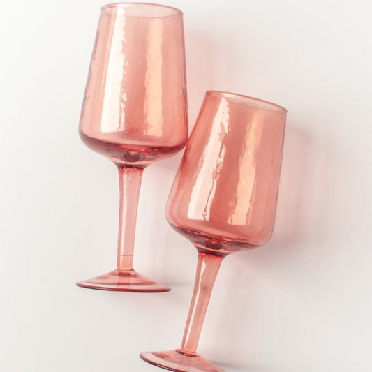 handblown pink wine glasses