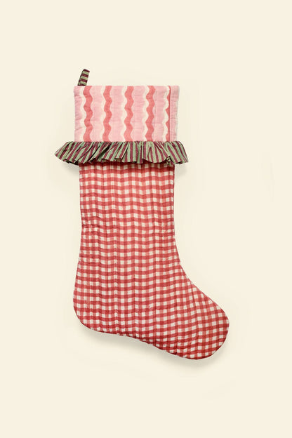 gingham red and pink block printed handmade quilted christmas stockings ✿ shop christmas stockings at wallflower