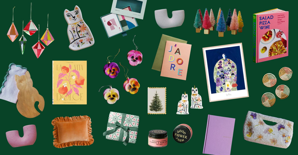 Colorful collage of holiday gifts and products from wallflower as seen in our 2023 gift guide