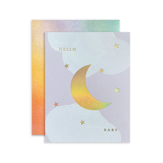 "hello baby" baby shower card by moglea with gold foil moon and stars