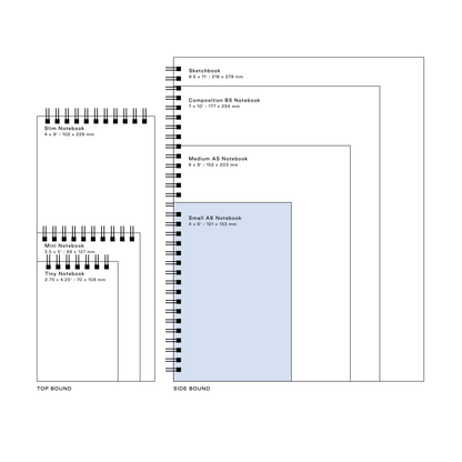 Comparison chart of different notebook sizes with measurements for Moglea planners