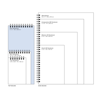 Comparison chart of different notebook sizes with dimensions on a white background