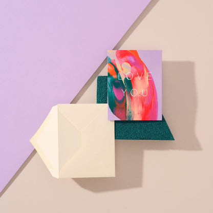 cute moglea i love you card with hot pink paint and purple background