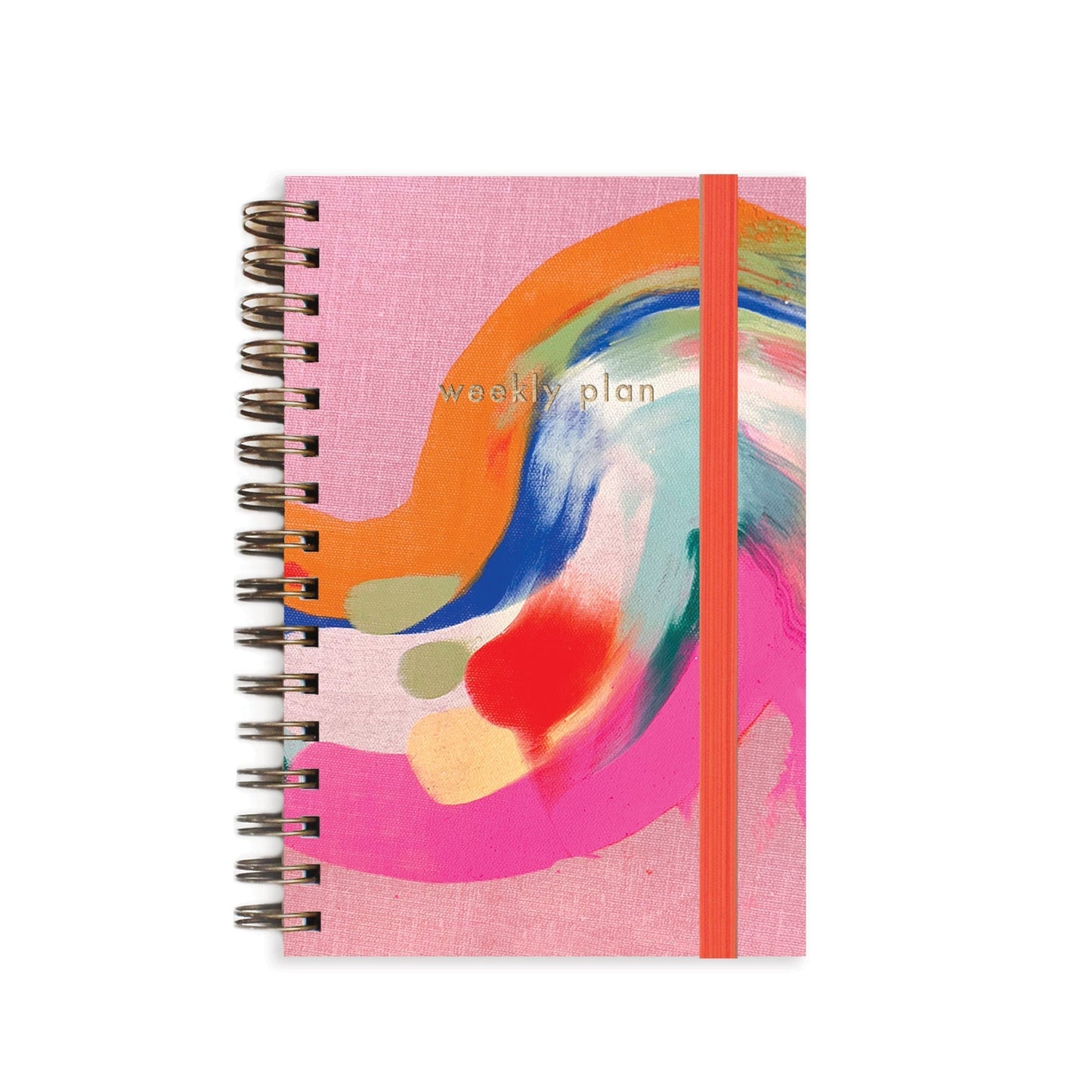 Spiral-bound undated pocket planner with abstract colorful design on a pink background by Moglea