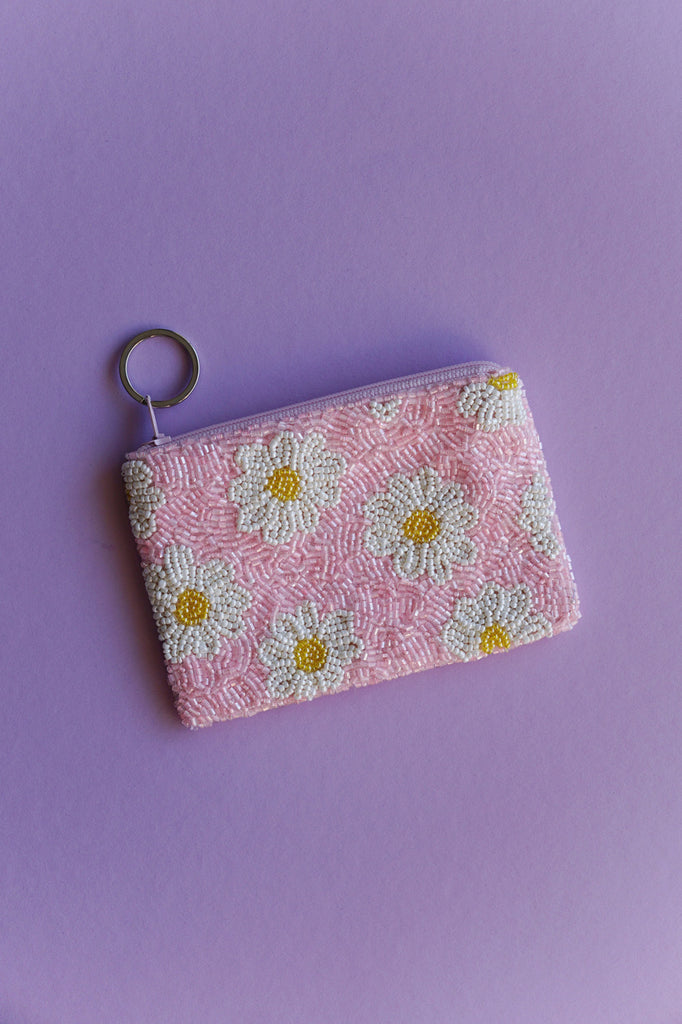 hand beaded pink daisy coin purse with zipper