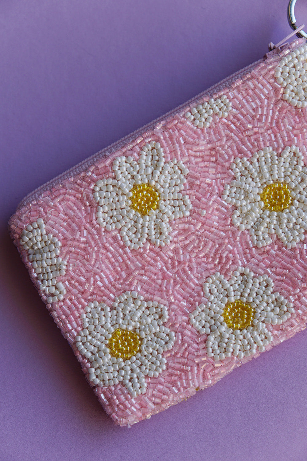 hand beaded pink daisy coin purse with zipper