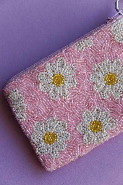 hand beaded pink daisy coin purse with zipper