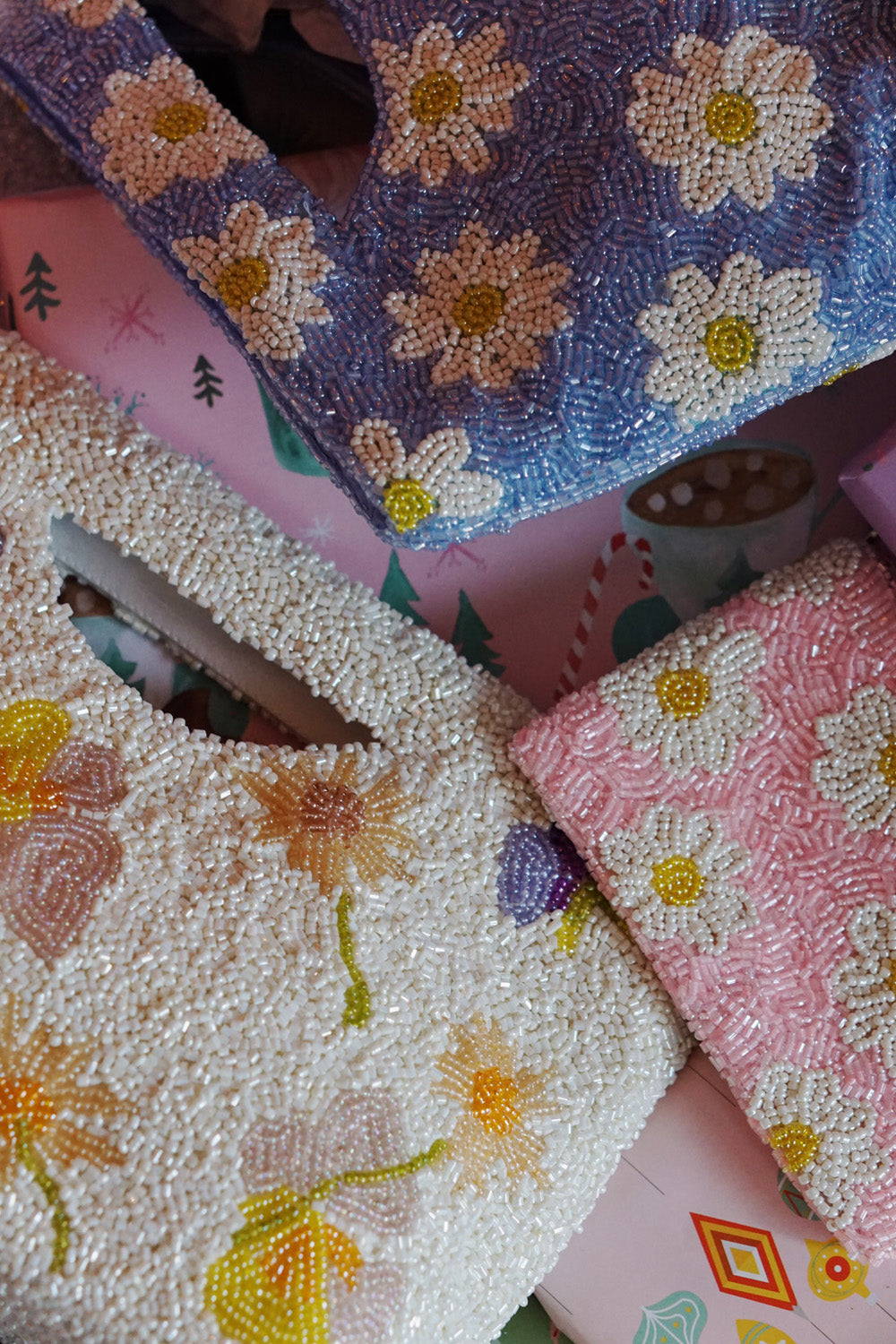 photo of hand beaded floral bags from wallflower for christmas gifts
