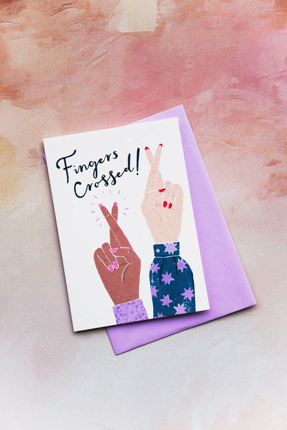 cute illustrated good luck card "fingers crossed"