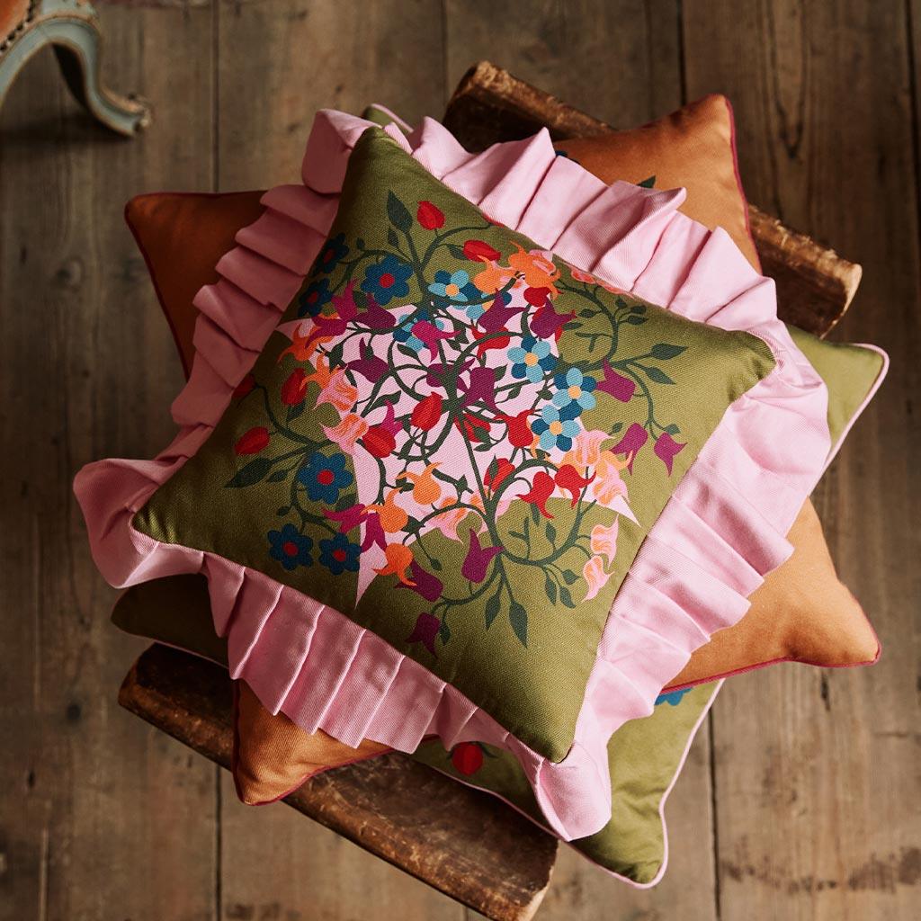 sophie williamson design green and pink ruffle pillow maximalist decor