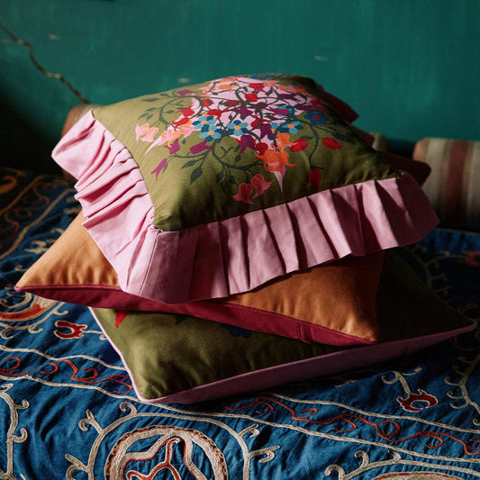 sophie williamson design green and pink ruffle pillow maximalist decor
