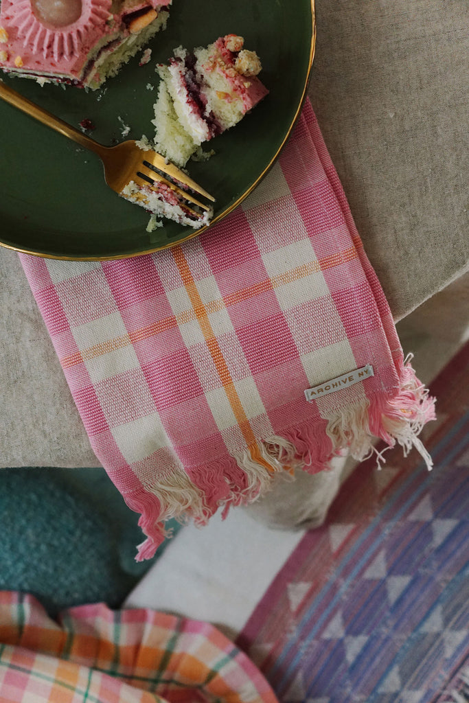 plaid pink towel with colorful table linens | shop artisan home decor on wallflower