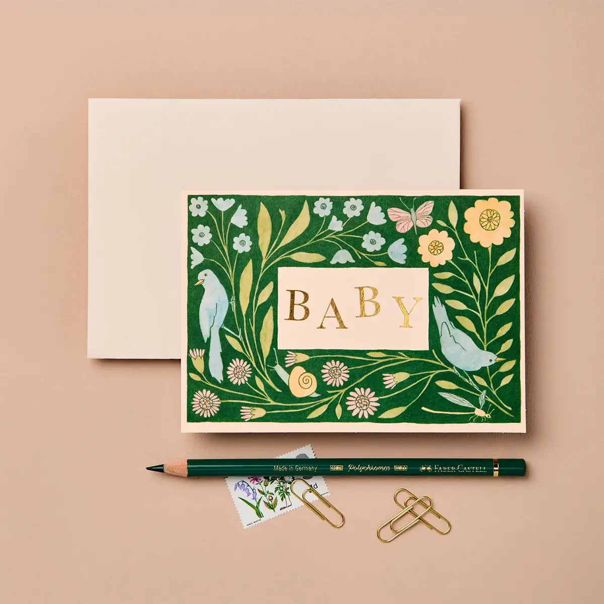 botanical baby card with flowers and birds
