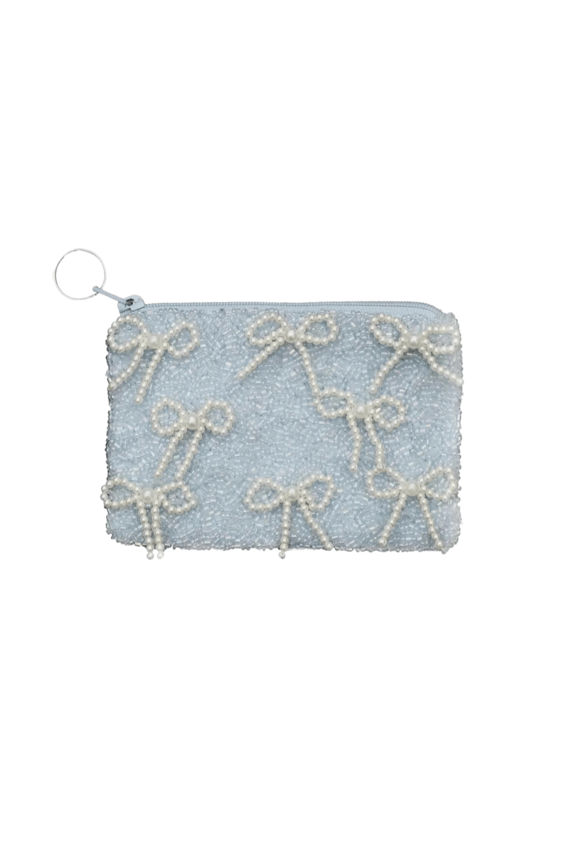pearl coquette beaded bow zip pouch blue