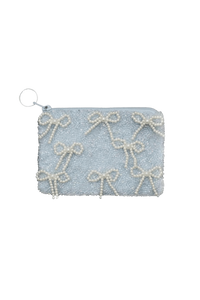 pearl coquette beaded bow zip pouch blue